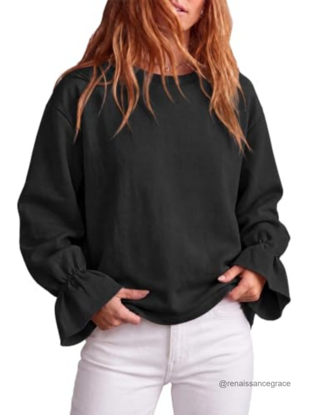 Oversized Fleece Sweatshirt Ruffle Sleeve Crew Neck Pullover